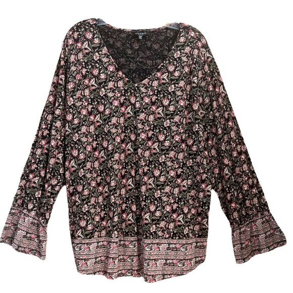 Lucky Brand Boho Black Ditsy Floral Three Quarter Length Sleeve Blouse Tunic - Picture 1 of 9